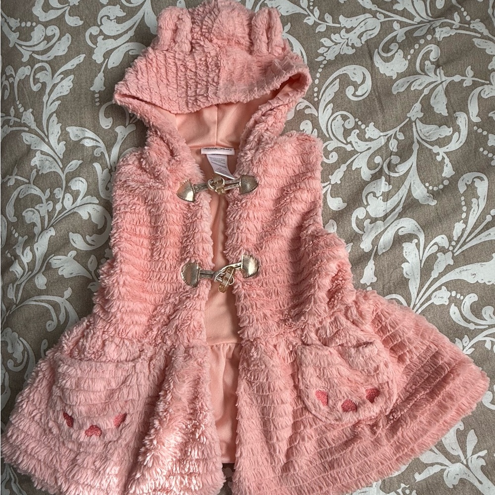 Little Lass Pink Furry Faux Fur Hooded Vest - 4T